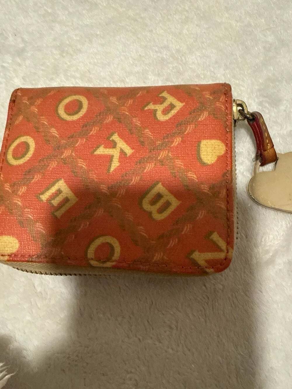 VNTG Dooney & Bourke Small Zip Around Wallet Orange Monogram Letter Heart Print
